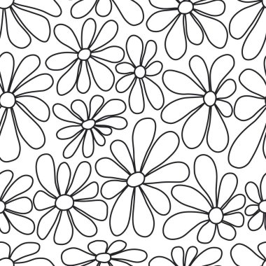 Siyah çiçekli çiçek desenli. Beyaz Arkaplanda Papatya Çiçekleri olan kusursuz desen. Yaz Çiçekleri. Örnekler Kumaş, Kapak, Kupa, Renklendirme için kullanılabilir. Vektör İllüstrasyonu