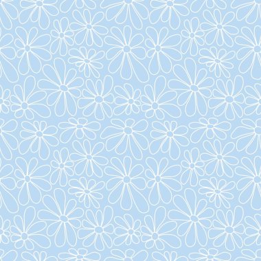 Floral Print with Outline White Flowers. Seamless Pattern with Chamomile Flowers on Light Blue Background. Summer Flowers. Sample can be used for Fabric, Cover, Mugs. Vector Illustration