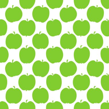 Yeşil Elmalı Meyve Baskısı. Beyaz Arkaplanda Yeşil Meyveli Kusursuz Desen. Örnekler kumaş, kapak, kupa, ambalaj kağıdı için kullanılabilir. Vektör İllüstrasyonu