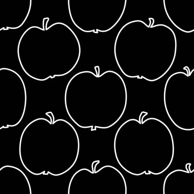 Beyaz Elmalı Meyve Baskısı. Kusursuz desenli, Taslak Meyveli Kara Arkaplan. Örnekler kumaş, kapak, kupa, ambalaj kağıdı için kullanılabilir. Vektör İllüstrasyonu