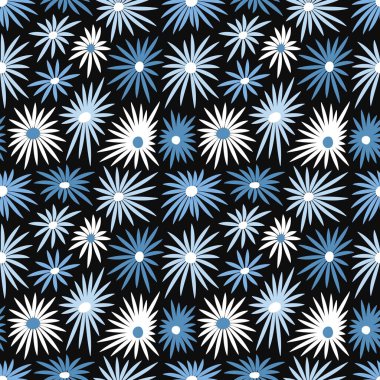 Mavi Beyaz Çiçekli Çiçek. Siyah Arkaplanda Papatya Çiçekleri olan kusursuz desen. Yaz Çiçekleri. Örnekler kumaş, kapak, kupa, ambalaj kağıdı için kullanılabilir. Vektör İllüstrasyonu