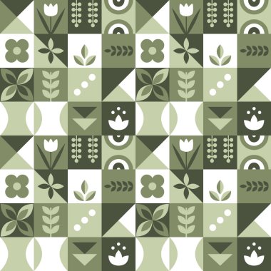 Geometrik Şekil Yeşil Kare Deseni. Basit Elementlerle Kusursuz Soyut Yazdırma Mozaik. Moda Düz Tarz Arkaplanı. Örnek ambalaj, kapak, ambalaj, kart, torba için kullanılabilir. Vektör Resmi