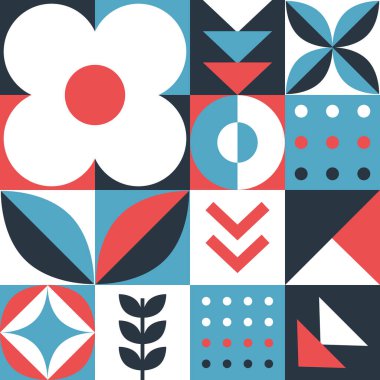 Geometrik Şekil Deseni. Basit Elementlerle Kusursuz Soyut Yazdırma Mozaik. Moda Düz Tarz Arkaplanı. Örnek ambalaj, ambalaj, kart, torba için kullanılabilir. Mavi, Kırmızı, Beyaz, Siyah Vektör