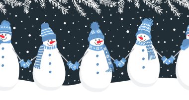 Kardan adam kış tatillerinde firavun ağacı dallarının altında eğlenir. Kusursuz Sınır. Noel arkaplanı. Mavi Kış Giysileri Giyen Farklı Kardan Adamlar El ele tutuşuyor. Koyu Mavi Üzerine Vektör İllüstrasyonu