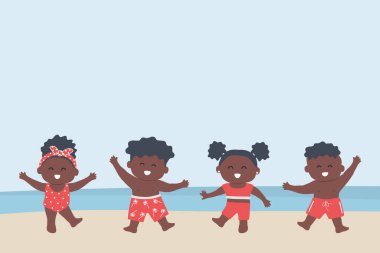 Plajdaki Mutlu Siyah Çocuklar Sahilde Eğleniyor. Bebek Çocuklar, Kırmızı Mayo Giyen Bebek Kızlar Birlikte Dans Ediyor. Plaj Takım Elbiseli Arkadaşlar. Vektör İllüstrasyonu
