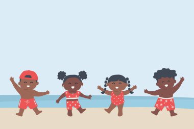 Sahildeki Mutlu Çocuklar Sahilde Eğleniyor. Çeşitli Çocuklar Grubu. Bebek Çocuklar, Kırmızı Mayo Giyen Bebek Kızlar Birlikte Dans Ediyor. Plaj Takım Elbiseli Arkadaşlar. Vektör İllüstrasyonu