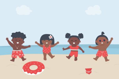 Sahildeki Mutlu Çocuklar Sahilde Eğleniyor. Çeşitli Çocuklar Grubu. Bebek Çocuklar, Kırmızı Mayo Giyen Bebek Kızlar Birlikte Dans Ediyor. Plaj Takım Elbiseli Arkadaşlar. Donut Yüzme Yüzüğü, Kova, Bulut.