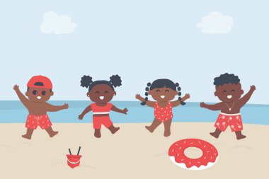 Sahildeki Mutlu Çocuklar Sahilde Eğleniyor. Çeşitli Çocuklar Grubu. Bebek Çocuklar, Kırmızı Mayo Giyen Bebek Kızlar Birlikte Dans Ediyor. Plaj Takım Elbiseli Arkadaşlar. Donut Yüzme Yüzüğü, Kova, Bulut.