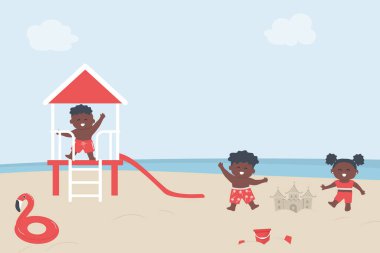 Çocuklar sahilde iyi eğlenceler. Plajdaki küçük siyah çocuklar giyer. Bebek Oğlanlar, Kırmızı Mayolu Bebek Kız Kumdan Kale Yaptı ve Mutlular. Plaj Kaydırağı, Şişirilebilir Flamingo Halkası, Kova, Bulutlar. Vektör