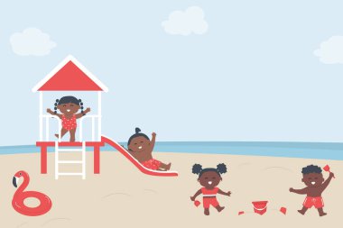 Çocuklar sahilde iyi eğlenceler. Küçük Çocuklar Sand and and Ride on Slide 'la oynuyor. Plaj Kaydırağı, Şişme Flamingo Halkası, Kova, Kürek, Bulutlar. Vektör İllüstrasyonu