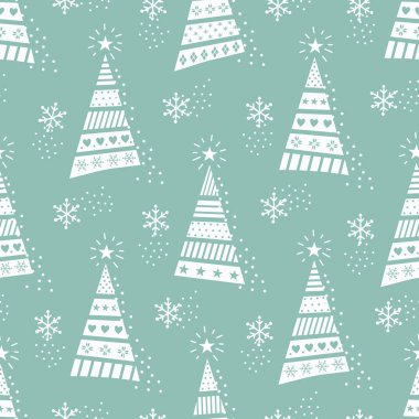 Noel Kusursuz Düzen. Modern Geometrik Tarzlı Noel Ağaçları. Kar taneleri. Moda Tatil Soyut Tasarımı. Tebrik Kartı, Banner, Paketleme Şablonu. Vektör Resimleri Yeşil, Beyaz