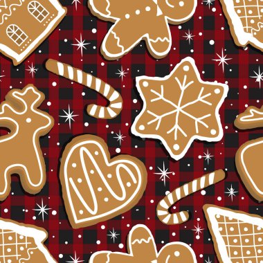 Noel Kurabiyeleri Düzeni. Kırmızı Black Checkered Bg 'de zencefilli kurabiyeli kusursuz parmak izi. Zencefilli kek evi, geyik, kalp, zencefilli kurabiye adam, yıldız. Klasik Buffalo Ekose Bg. Vektör