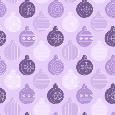 Noel Soyut Geçmişi. Noel Baloları Süsleme Şablonu. Noel Süslü Kusursuz Renksiz Geometrik Yazıcı. Siluetler. Moda Düz Stil Bg. Mor, Pembe, Beyaz Vektör