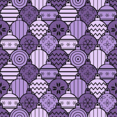 Noel Şablonu 'nda farklı noel baloları süsleri. Kusursuz Geometrik Arka plan. Mutlu Noeller, mutlu yıllar tasarım. Moda Düz Stil. Mor Siyah Vektör illüstrasyonu