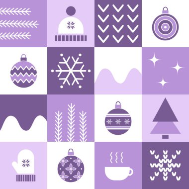 Kış Geometrik Kare Düzeni. Kış Şeyleri ile Kusursuz Damalı Yazdırma. Noel Soyut Geçmişi. Şablon. Hazır ol. Yama işi. Noel Balosu, Kar Tanesi, Şapka, Eldiven, Kupa. Mor Vektör, Pembe