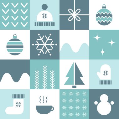 Kış Geometrik Kare Düzeni. Kış Şeyleri ile Kusursuz Damalı Yazdırma. Noel Soyut Geçmişi. Noel Balosu, Kar Tanesi, Şapka, Eldiven, Çorap, Hediye, Kupa. Mavi, Gri, Beyaz Vektör