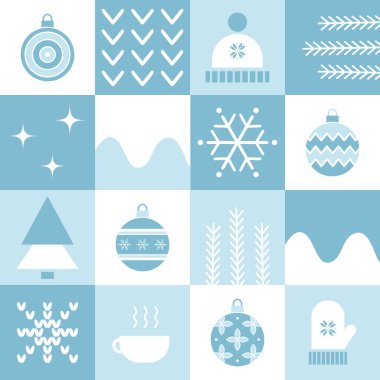 Kış Geometrik Kare Düzeni. Kış Şeyleri ile Kusursuz Damalı Yazdırma. Noel Soyut Geçmişi. Şablon. Hazır ol. Yama işi. Noel Balosu, Kar Tanesi, Şapka, Eldiven, Kupa. Mavi ve Beyaz Vektör