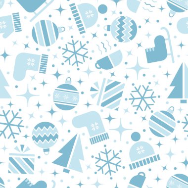 Kış Kusursuz Düzen. Geometrik Tarzlı Kış Elementleri ile Noel Arkaplanı. Mutlu Noeller, mutlu yıllar tasarım. Noel Balosu, Kar Tanesi, Şapka, Eldiven, Çorap, Patenler. Mavi ve Beyaz Vektör