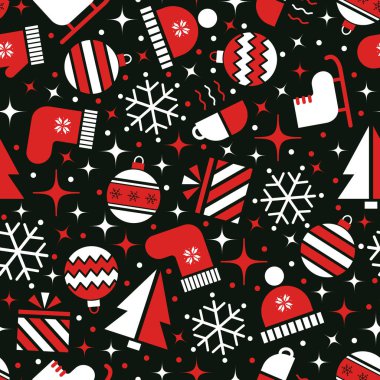 Kış Kusursuz Düzen. Geometrik Tarzlı Kış Elementleri ile Noel Arkaplanı. Noel Balosu, Ağaç, Kar Tanesi, Şapka, Eldiven, Çorap, Patenler, Hediye Kutusu, Kupa, Yıldızlar. Kırmızı vektör, Siyah üzerine beyaz