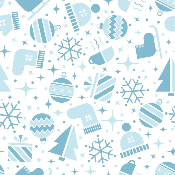 Kış Kusursuz Düzen. Geometrik Tarzlı Kış Elementleri ile Noel Arkaplanı. Mutlu Noeller, mutlu yıllar tasarım. Noel Balosu, Kar Tanesi, Şapka, Eldiven, Çorap, Patenler. Mavi ve Beyaz Vektör