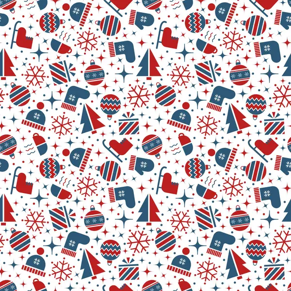 Kış Kusursuz Düzen. Geometrik Tarzlı Kış Elementleri ile Noel Arkaplanı. Noel Balosu, Ağaç, Kar Tanesi, Şapka, Eldiven, Çorap, Patenler, Hediye Kutusu. Kırmızı vektör, Mavi beyaz