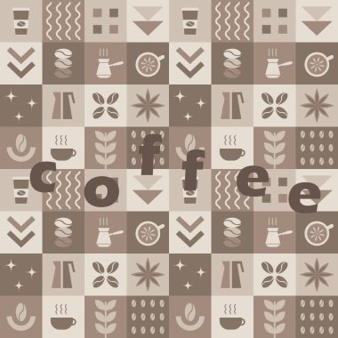 Soyut kahve kalıbı. Basit Elementlerle Kusursuz Geometrik Yazdırma. Mozaik. Moda Düz Tarz Arkaplanı. Örnekler paketleme, kaplama, paketleme ve paketleme için kullanılabilir. Kahverengi Bej Renkli Vektör