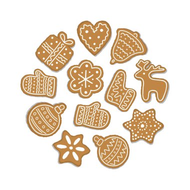 Noel Kurabiyeleri Çemberi. Bayram Bayrağı. Yuvarlak çerçeve. Hazır ol. Noel Baloları, Çan, Geyik, Eldiven, Çorap, Hediye Kutusu, Yıldızlar, Kalp, Çiçek. Beyaz Arkaplanda Vektör Resimleri