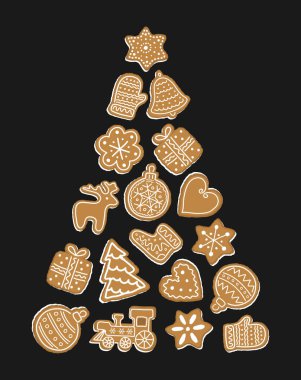 Noel ağacı şeklinde Noel Kurabiyeleri. Bayram Bayrağı. Yeni yıl çerçevesi. Yerleş. Noel Baloları, Geyik, Eldiven, Çorap, Ağaçlar, Hediye Kutusu, Tren, Yıldızlar, Kalp, Çiçek. Kara Bg Üzerine Vektör İllüstrasyonu.
