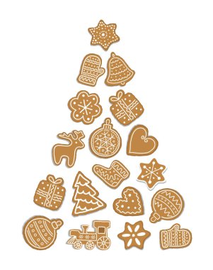 Noel ağacı şeklinde Noel Kurabiyeleri. Bayram Bayrağı. Yeni yıl çerçevesi. Yerleş. Noel Baloları, Geyik, Eldiven, Çorap, Ağaçlar, Hediye Kutusu, Tren, Yıldızlar, Kalp, Çiçek. Beyaz Bg 'de Vektör Resimleri.