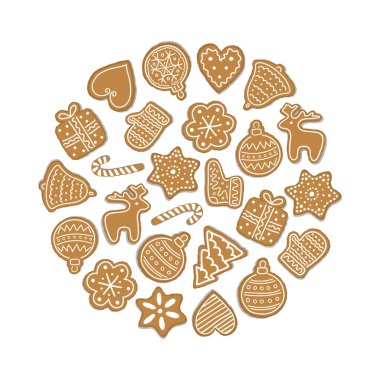 Noel Kurabiyeleri Çemberi. Bayram Bayrağı. Yuvarlak çerçeve. Büyük Set. Noel Baloları, Çan, Geyik, Ağaç, Eldiven, Çorap, Hediye Kutusu, Yıldızlar, Kalp, Çiçek. Beyaz Arkaplanda Vektör Resimleri