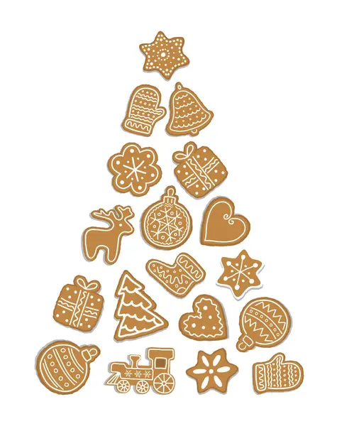 Noel ağacı şeklinde Noel Kurabiyeleri. Bayram Bayrağı. Yeni yıl çerçevesi. Yerleş. Noel Baloları, Geyik, Eldiven, Çorap, Ağaçlar, Hediye Kutusu, Tren, Yıldızlar, Kalp, Çiçek. Beyaz Bg 'de Vektör Resimleri.