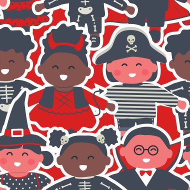 Cadılar Bayramı Çocukları Kusursuz Şablon. Cadılar Bayramı arka planı. Parti dekorasyon şablonu. Cadılar Bayramı kostümlü çocuklar. Mutlu Kızlar, Mutlu Oğlanlar. Kalabalık. Vektör illüstrasyonu Kırmızı, Siyah, Beyaz