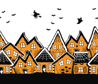 Cadılar Bayramı Zencefilli Çörek Evleri. Kusursuz Sınır. Ürkütücü köy. Beyaz Arkaplanda Siluetler. Yarasalar, Süpürgedeki Cadı, Hayaletler, Örümcek Ağı. Vektör illüstrasyonu