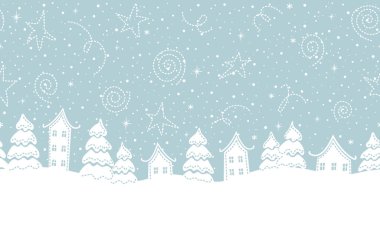 Noel Kusursuz Sınır. Modern tarzdaki Kış Köyü. Yeni Yıl Kutlaması. Moda Noel Tasarımı. Tatil tebrik kartı, bayrak, davetiye şablonu. Mavi Üzerine Beyaz Vektör İllüstrasyonu