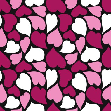 Sevgililer Günü Kusursuz Düzen. Çarpık Renkli Kalpler. Sevgililer Günü Soyut Yazı Gününüz kutlu olsun. Vektör illüstrasyonu Pembe, Burgundy, Beyaz Siyah Arkaplan