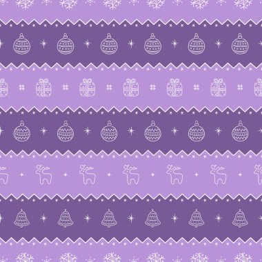 Çizgili Noel desenli Noel süsü, Geyik, Hediye Kutusu, Kar Taneleri. Kusursuz Yazdır. Noel arkaplanı. Mutlu Noeller, mutlu yıllar tasarım. Mor ve Beyaz Vektör