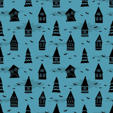 Cadılar Bayramı Kusursuz Düzen. Ürkütücü köy. Evlerin Siyah Siluetleri, Ağaçlar, Mavi Arkaplanda Yarasalar. Vektör İllüstrasyonu