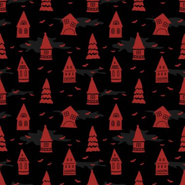 Cadılar Bayramı Kusursuz Düzen. Ürkütücü köy. Evlerin kırmızı siluetleri, firavun ağaçları, siyah arka plandaki yarasalar. Vektör İllüstrasyonu