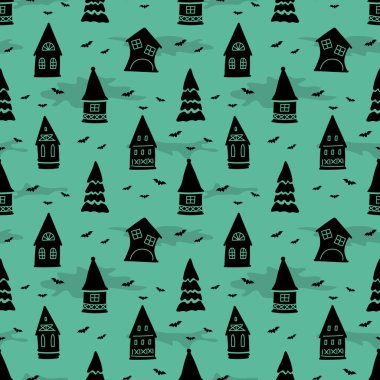 Cadılar Bayramı Kusursuz Düzen. Ürkütücü köy. Evlerin Siyah Siluetleri, Ağaçlar, Yeşil Arkaplanda Yarasalar. Vektör İllüstrasyonu