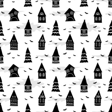 Cadılar Bayramı Kusursuz Düzen. Ürkütücü köy. Evlerin Siyah Siluetleri, Ağaçlar, Beyaz Arkaplanda Yarasalar. Vektör İllüstrasyonu