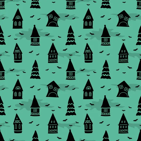 Cadılar Bayramı Kusursuz Düzen. Ürkütücü köy. Evlerin Siyah Siluetleri, Ağaçlar, Yeşil Arkaplanda Yarasalar. Vektör İllüstrasyonu