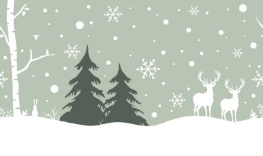 Kış Ormanı Kusursuz Sınır. Noel Posteri. Geyik, Tavşan, Kuşlar, Ağaçlar, Kar Taneleri, Kar. Beyaz siluetler. Stencil. Yeşil Beyaz Renkli Vektör Resimleri