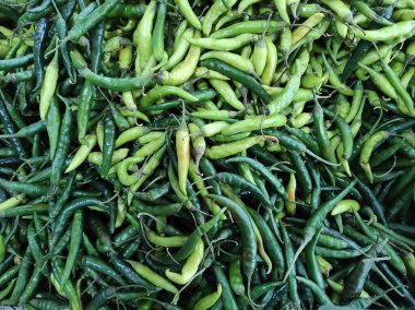 Farklı bir boyutta farklı renkte taze taze yeşil biber.