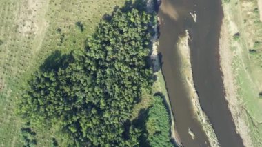 Yoğun bir ormanda, doğa ve tarım arasındaki dengeyi gösteren, vahşi yaşamla dolu çamurlu bir nehrin havadan görünüşünü hayal edin..
