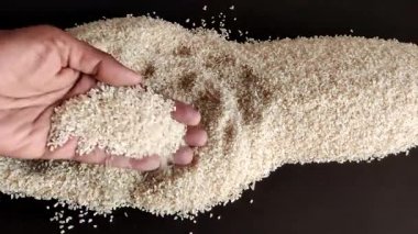 Pişmemiş beyaz pirincin kalitesini kontrol ediyorum.