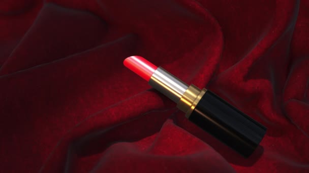 Red Lipstick Red Silk Background Beauty Fashion Still Life — Stockvideo