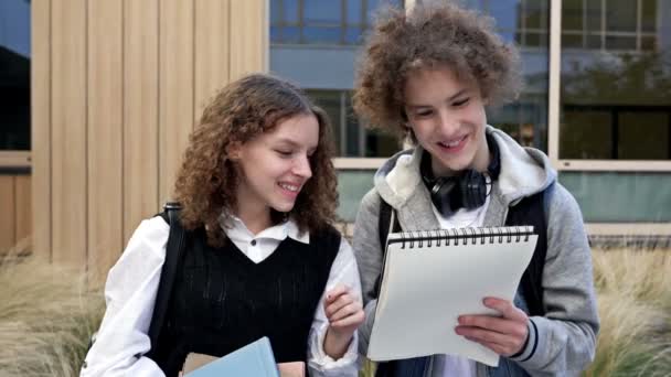 Dwóch Licealistów Chłopak Dziewczyna Siedzą Ławce Rozmawiają Czymś Radośnie Facet — Wideo stockowe
