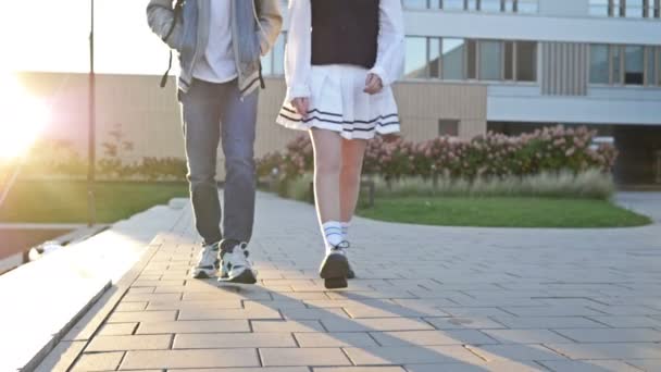 Dos Lindos Estudiantes Secundaria Chico Una Chica Están Caminando Por — Vídeos de Stock