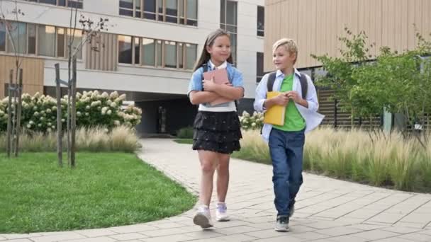 两个同学 一个男孩 一个女孩 兴高采烈地在校园里走来走去 学校的友谊Hd — 图库视频影像