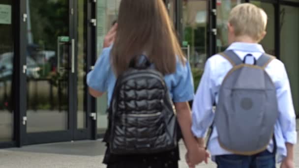 Skolevenskab Dreng Pige Folkeskoleelever Går Skolen Holder Hinanden Hånden Bagsidebillede – Stock-video